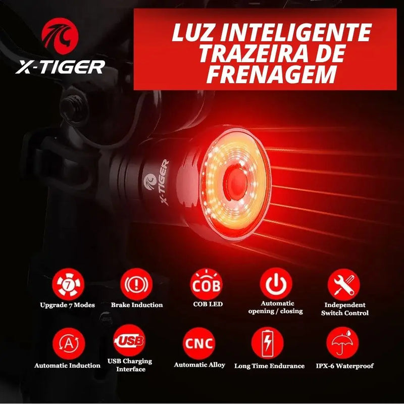 Luz Traseira X-TIGER com Sensor de Travagem Inteligente: Segurança e Tecnologia para Ciclistas - Luz Traseira