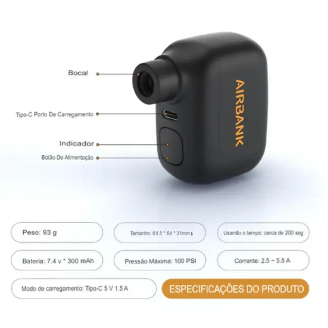 Mini Bomba de Ar Portátil Recarregável DinoAir – Até 100PSI para Bicicletas - Dinobike