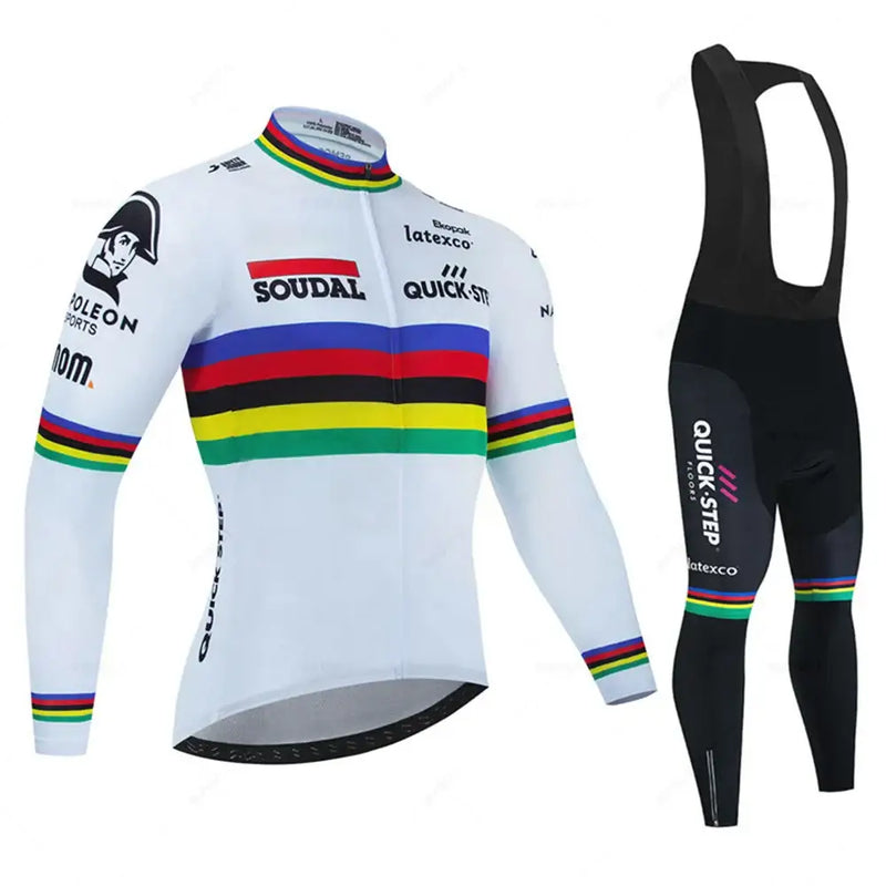 Roupa de Ciclismo Premium Soudal Quick Step – Jersey de Manga Comprida e Calças com Alças - Conjunto de Ciclismo