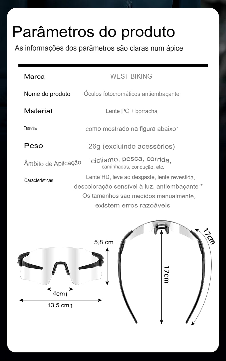 Óculos Ciclismo WEST BIKING – Fotocromáticos e Antiembaçantes